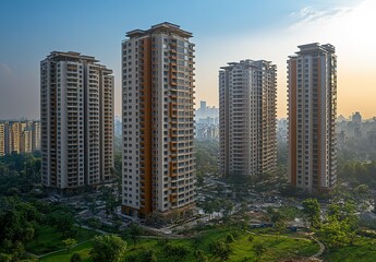 Obraz premium Four modern apartment buildings stand tall in a park setting.