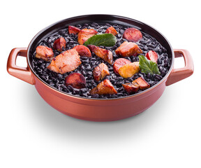 Traditional Brazilian Feijoada in a Copper Pot With Black Beans