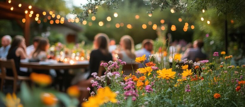 A blurred group of people dining outside, with a beautiful garden of flowers in the foreground.