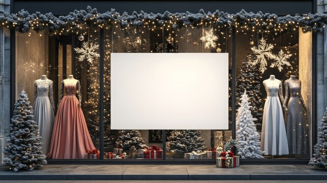 A stylish retail window showcases elegant evening gowns in soft hues, surrounded by festive decorations and twinkling lights. The holiday spirit is enhanced by Christmas trees and gift boxes.