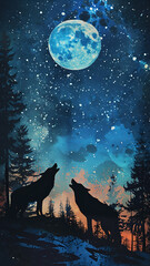 Fototapeta premium Nighttime Sky with Wolves Howling at a Full Moon