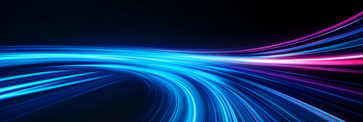 Abstract blue and pink light streaks on a black background.