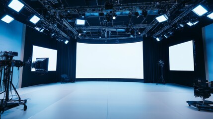 A digital entertainment studio, with virtual reality sets and motion capture equipment, Entertainment technology style