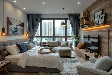 A modern living room with a large window, a comfortable sofa, and a bed.