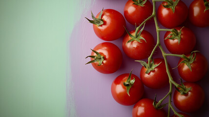 A composition of red tomatoes placed on a smooth lilac background, with a mix of large and small tomatoes giving an organic and balanced arrangement.