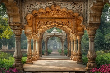 Obraz premium A view down a symmetrical walkway lined with intricately carved pillars.