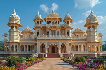 A grand palace with intricate details and manicured gardens.