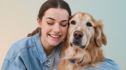 Young woman joyfully interacting with a golden dog, denim jacket and white top
