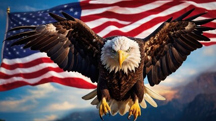 Naklejka premium The bald eagle, a symbol of national pride, soars majestically, flag in its wake.