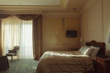 A cozy, elegant bedroom with a neatly made bed and soft lighting. Concept of comfort and relaxation. For interior design inspiration.