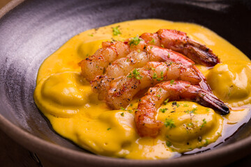 Gourmet Shrimp and Ravioli Served in Creamy Sauce