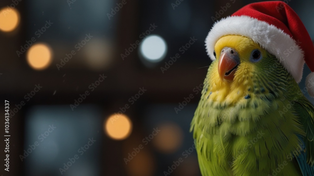 Wall mural a green and yellow parakeet with a red santa hat on its head, looking to the left. there are warm co