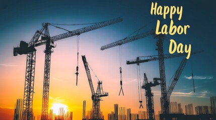 A sunset scene with construction cranes celebrating Labor Day.