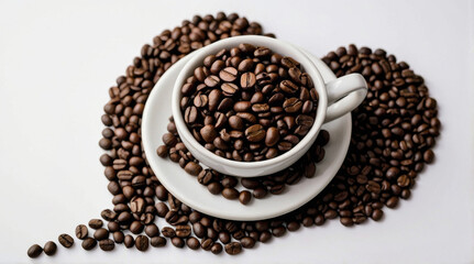 Creative and artistic image featuring a cup and coffee beans