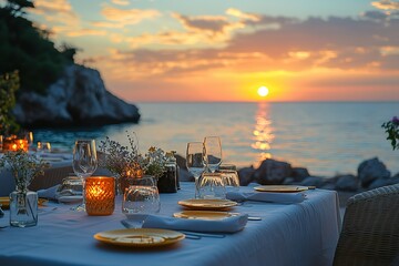 Fototapeta premium A romantic dinner setting by the sea at sunset.