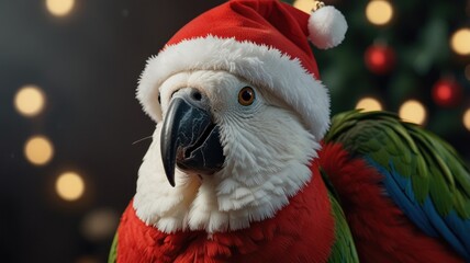 Fototapeta premium A white and green parrot wearing a Santa hat in front of a Christmas tree with bokeh lights.