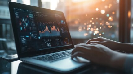 A digital marketer analyzing data and trends on a laptop with graphs and charts displayed on screen, Modern lifestyle scene, Analytical style