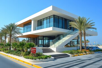 Modern white building with palm trees and a blue sky.