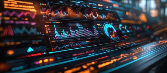 Fototapeta premium Close-up of a futuristic digital interface with colorful graphs and data visualizations on a dark background.