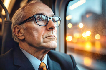 Elegant senior businessman commuting at night on a train, gazing thoughtfully out the window during a quiet journey