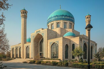 Obraz premium A grand mosque with a blue dome and minarets.