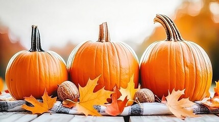   Three pumpkins sit atop a wooden table amidst surrounding leaves and acorns on a tablecloth