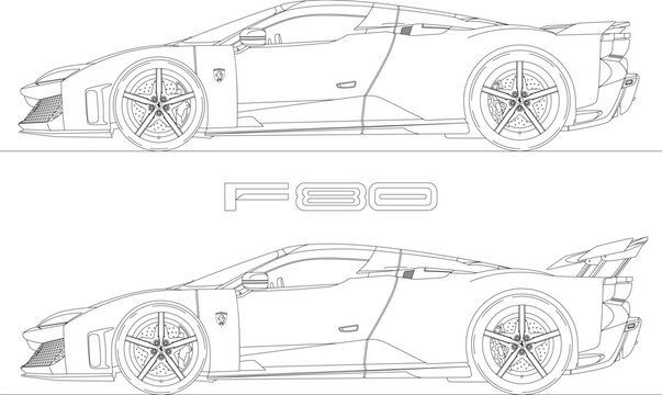 Maranello (Modena) Italy, october 2024, new Ferrari model F80 outline drawings silhouette, super sport car, vector illustration