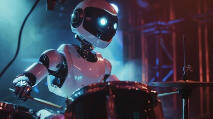 Fototapeta premium Futuristic robot musician playing an instrument on stage