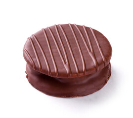 Close-Up of Chocolate Covered Sandwich Cookie on White Background
