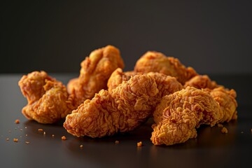 Crispy fried chicken pieces are piled on a dark surface. Concept of delicious, crunchy, and savory food. For menu design or food advertisement.