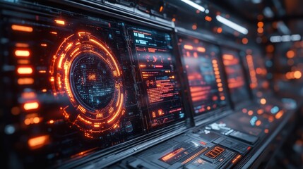 Obraz premium Futuristic Interface with Orange and Blue Lights on a Spaceship Control Panel