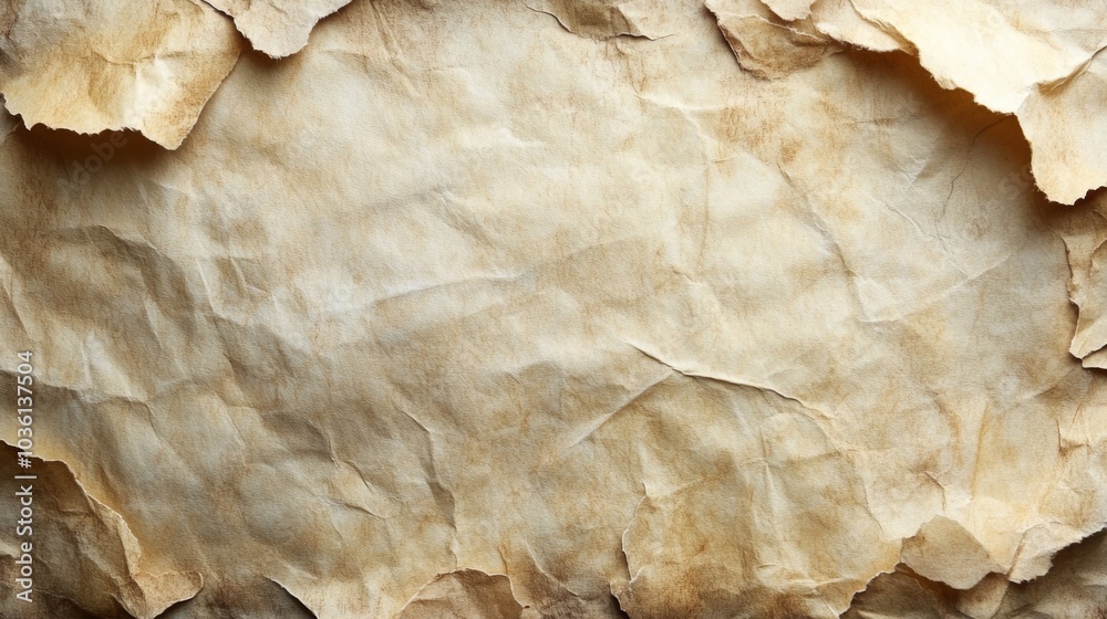 Aufkleber the background showcases an intricate composition of crumpled parchment paper with uneven, torn edge