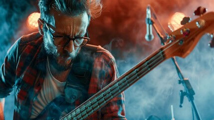 Fototapeta premium Rock bassist playing with passion under stage lights