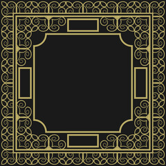Square frame with vintage gold ornament on black background. Version 5. Vector illustration