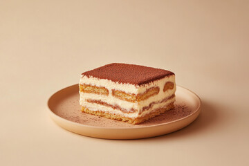 A beautifully presented plate of tiramisu on a beige background. The tiramisu is layered perfectly, showcasing its creamy mascarpone, lady fingers and cocoa-dusted top. 