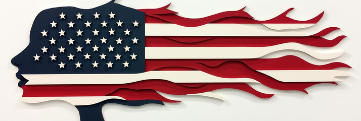 Abstract paper art of a woman's profile, incorporating the American flag with a fiery design.