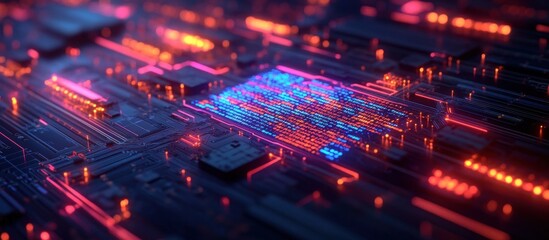 Close-up of a circuit board with glowing red and blue lights.