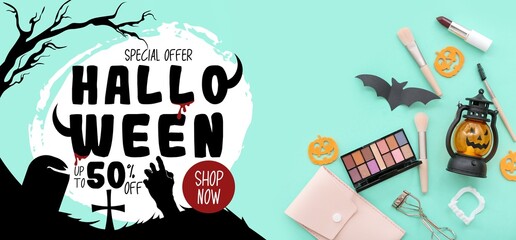 Advertising banner for Halloween sale on turquoise background