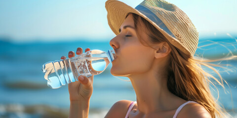 Staying hydrated concept, woman drinking water from bottle on sunny beach to stay refreshed and beat the summer heat