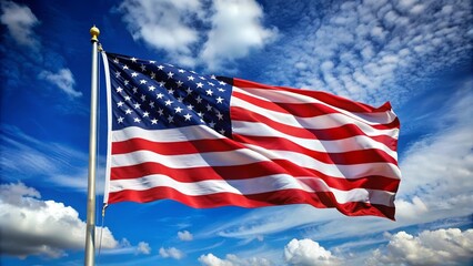 Obraz premium American flag waving in the wind on a sunny day with blue sky and clouds