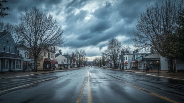 Fototapeta A small town street is quiet and empty on a cloudy afternoon. Puddles reflect the darkening sky while trees stand barren along the sidewalks, capturing the stillness of the scene.