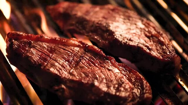 Close Up of Two Juicy Picanha Steaks Grilling on a Barbecue with Flames