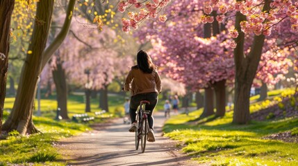 Obraz premium Woman biking through a park with cherry blossoms