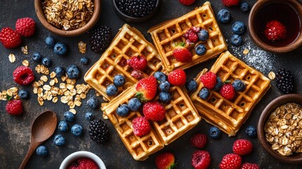 Breakfast spread featuring fresh berries, granola, and waffles