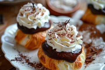 Pastries with whipped cream and chocolate shavings sit on a white plate. Concept of a dessert or bakery treat. For bakery marketing materials.
