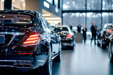 Sleek black luxury cars lined up in an elegant showroom, customers awaiting test drives in a modern automotive space