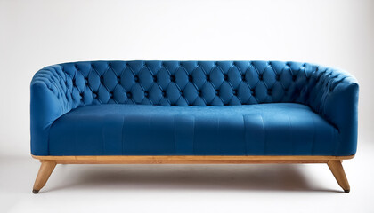 Obraz premium Blue Chic modern sofa with button tufts and angular wooden legs on side position provides copy space for text. background concept isolated white