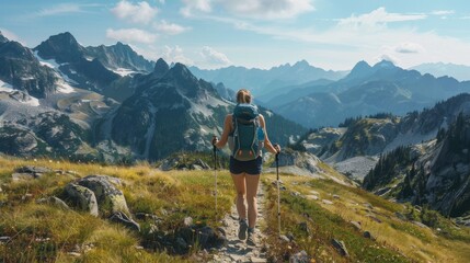Fototapeta premium Woman hiking up a mountain trail, scenic view of valleys and peaks behind her