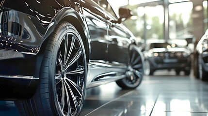 Luxurious black cars showcased with gleaming chrome wheels in an upscale auto dealership, inviting potential buyers to explore premium vehicles