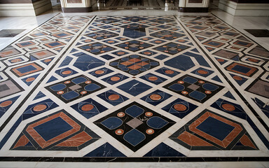 Intricate marble floor tiles in blue  red and white create a geometric pattern for a classic  elegant design   